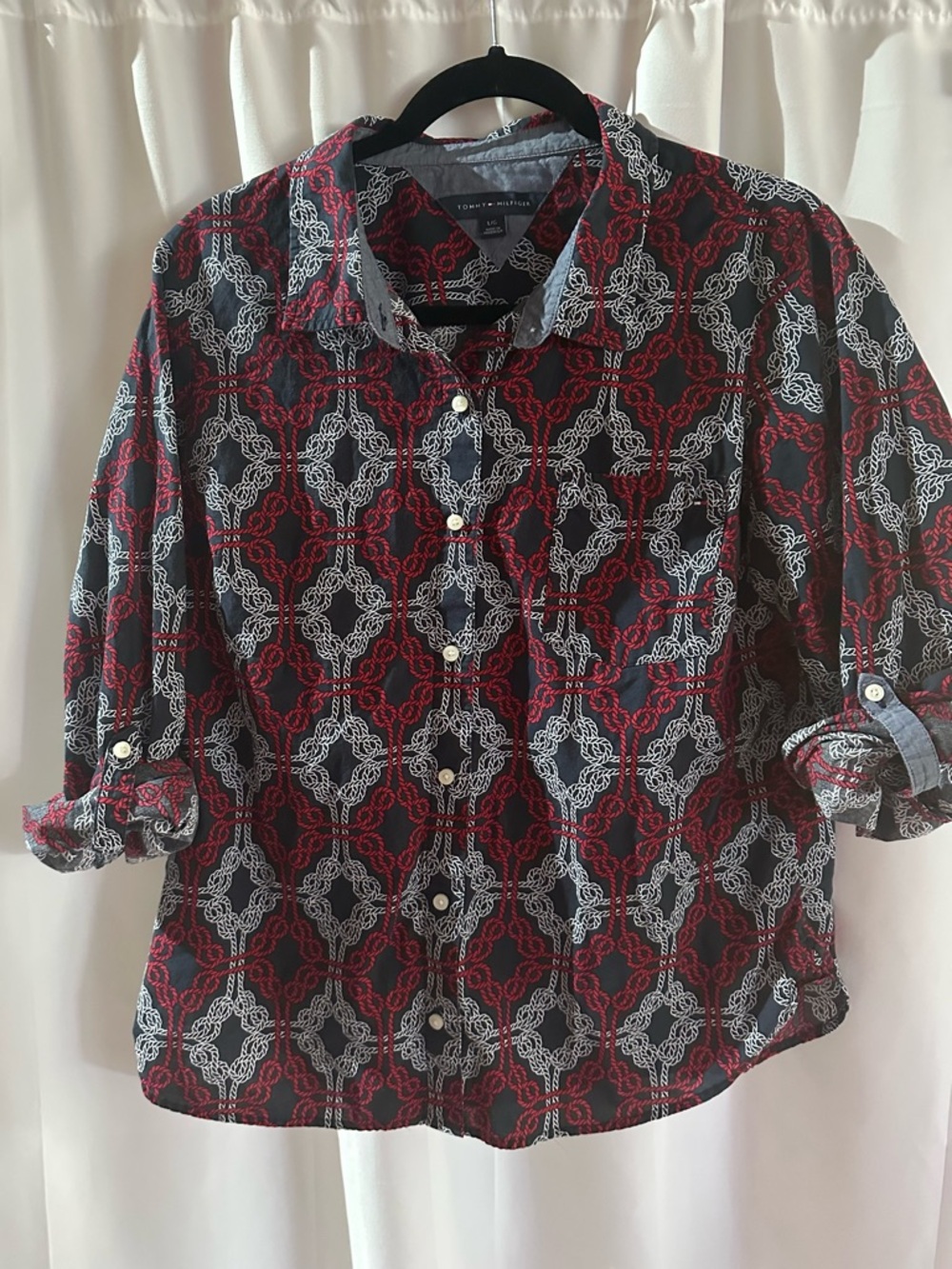 Tommy Hilfiger Navy and Red Geometric Button-Up Shirt